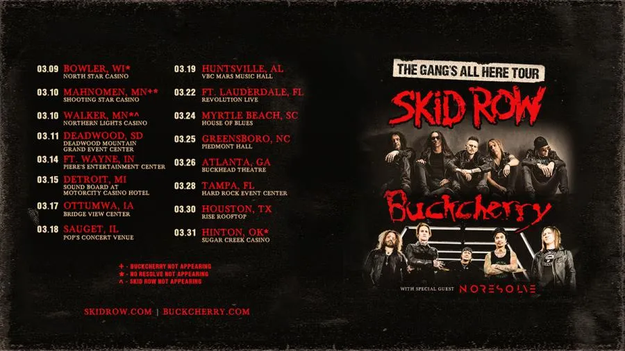 Concert Skid Row + Buckcherry 14/03/2023 Fort Wayne Piere's